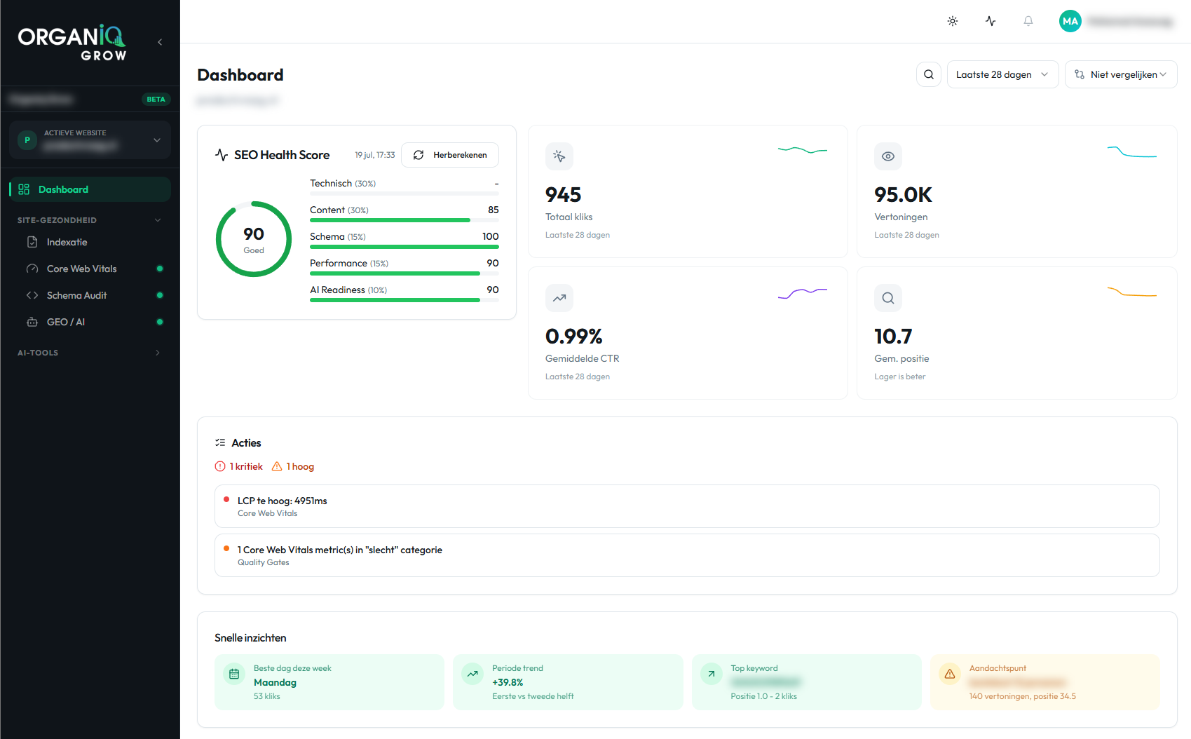 Organiq Grow dashboard — SEO Health Score, kliks, vertoningen en snelle inzichten