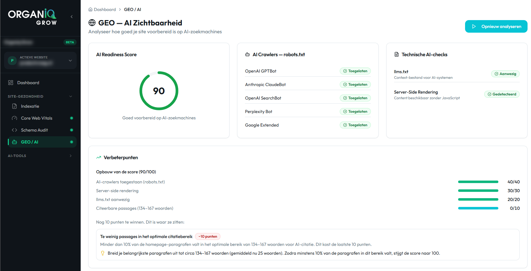 Organiq Grow GEO / AI — AI Readiness Score, crawler-toegang en concrete verbeterpunten