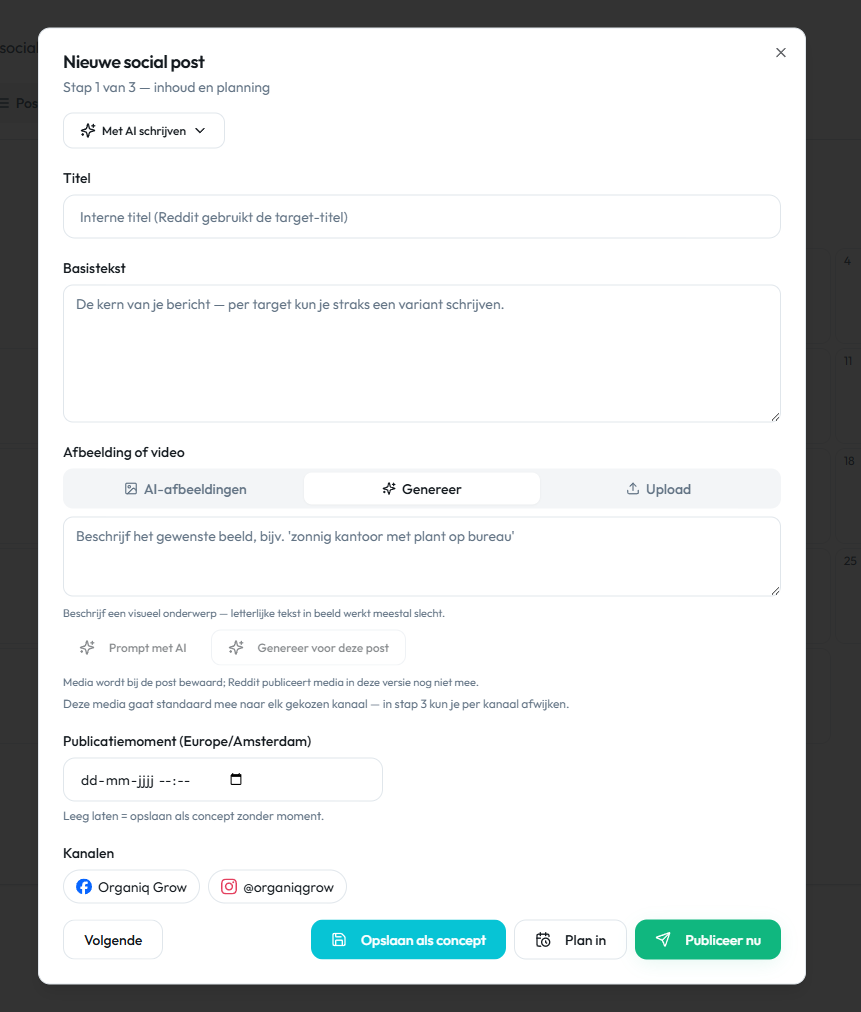 Organiq Grow Social — nieuwe post maken met AI-tekstassistent, beeldgeneratie en per-kanaal varianten